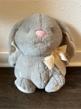 Animal Adventure Round Gray Bunny Rabbit Plush 9" Pink Nose & Bow Floppy Ears